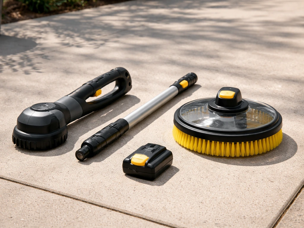 Laying out a Ryobi patio cleaner kit parts on the patio: handle, extension wand, brush head, and battery