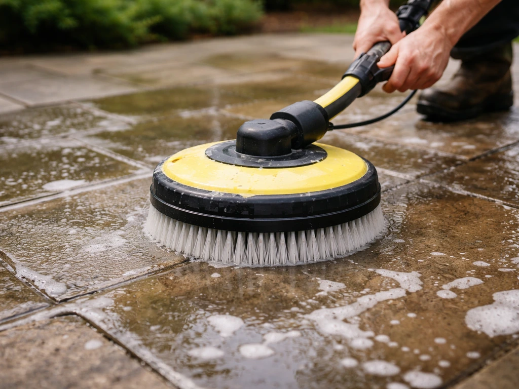 Hands using a rotating patio cleaner brush on a wet, soapy stone patio with dwell-time solution still present.
