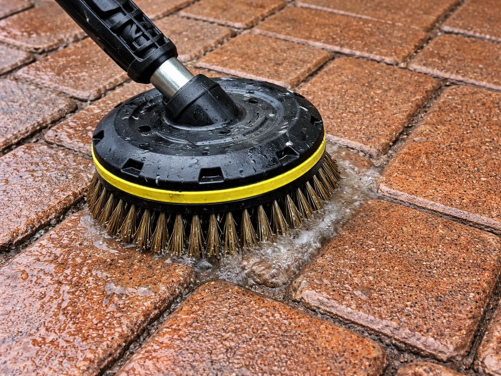 Ryobi wire brush cleaning the face of brick pavers, with attention on mortar joints.