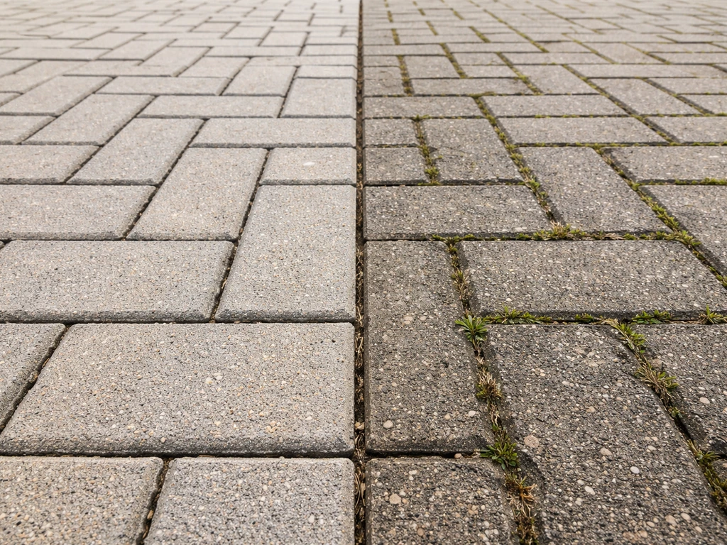 Close-up of block paving joints: left cleaned, right still dirty with grime and moss growing.