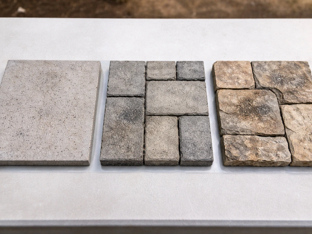Three patio surface swatches side by side: sealed concrete, pavers, and natural stone with light grime difference.