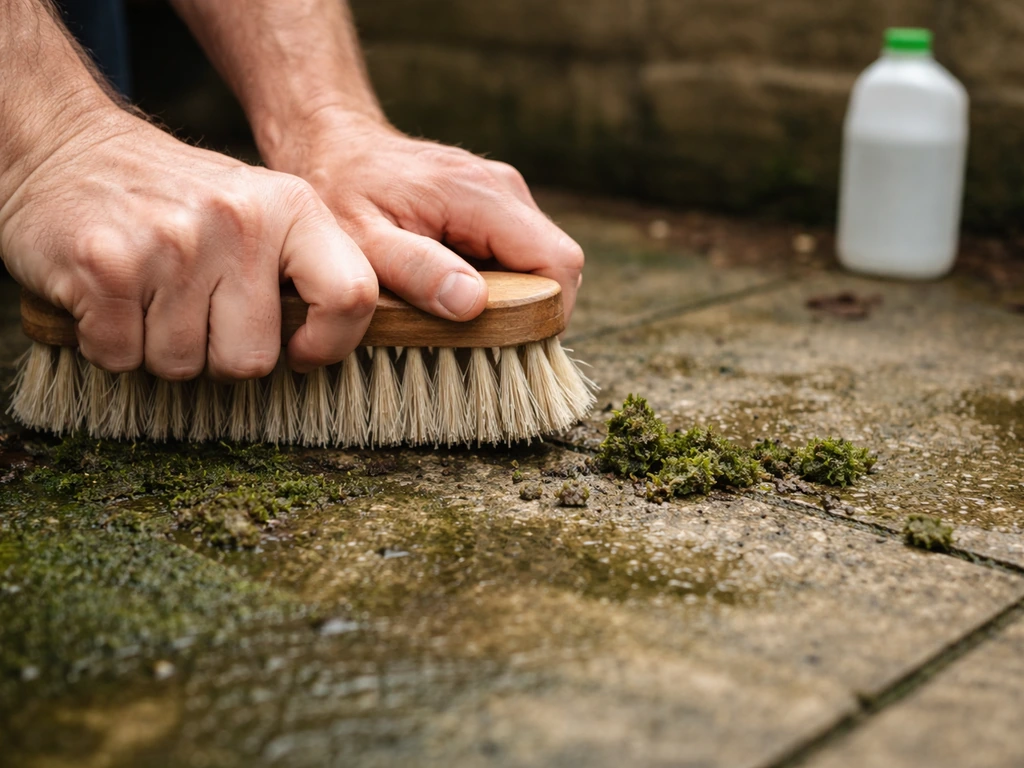Hands using a stiff brush to clear loose debris from a moldy patio before applying Wet & Forget