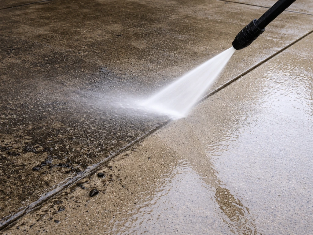 Concrete patio being pressure-washed, spray plume lifting visible grime for a dramatic clean look.