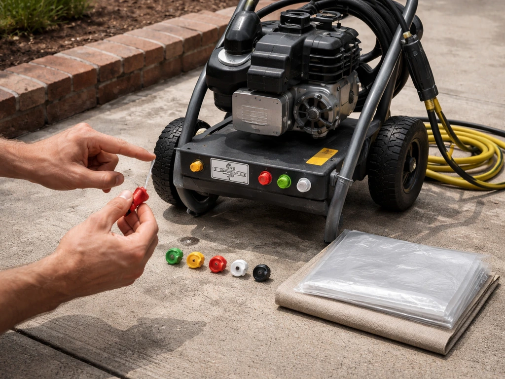 Pressure washer setup with nozzle tips, surface protection sheeting, and hand checking machine spec area.