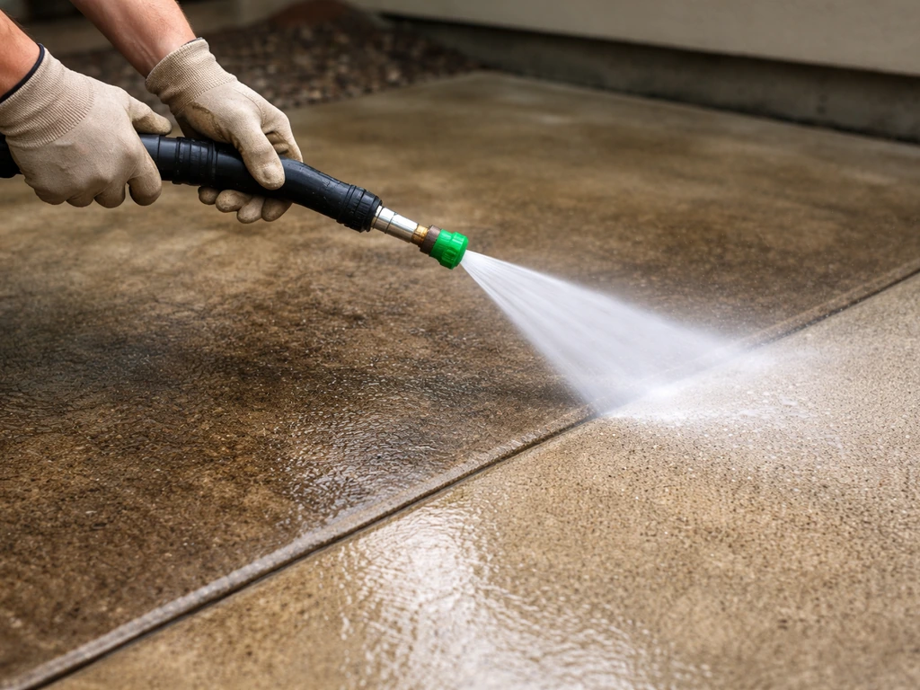 Pressure washer cleaning a stained concrete patio slab with a focused spray from a green 25-degree nozzle.