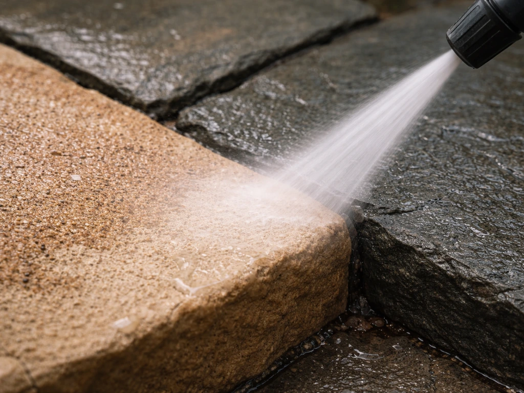 Gentle pressure washing rinses porous sandstone clean while slate remains intact and wet