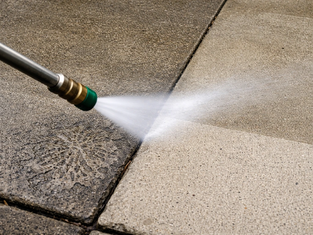 Close view of a pressure washer on a patio showing etched damage vs a clean, intact area nearby.