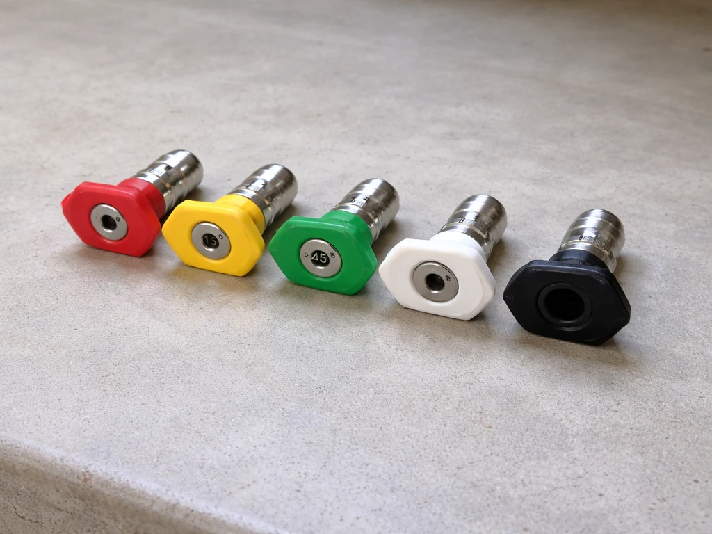 Color-coded pressure washer nozzle tips laid out on a clean workbench, showing 0/15/25/40 and soap options.