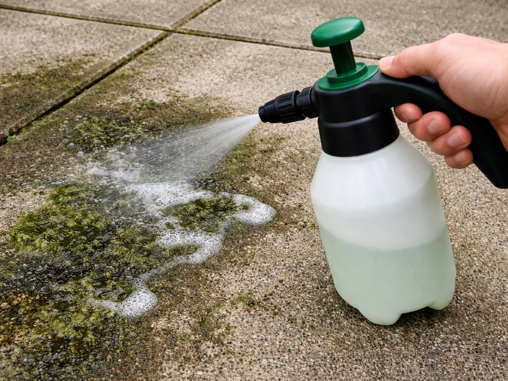 Hand applying oxygenated deck cleaner foam on algae-stained concrete patio before pressure washing
