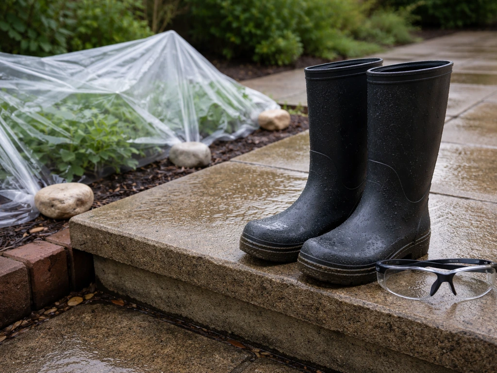 Waterproof boots and safety glasses beside a patio, with plants covered by clear plastic sheeting.