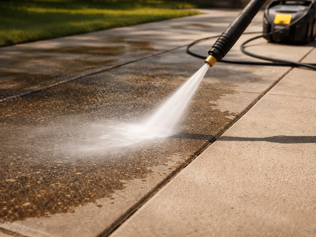 Wide shot of a pressure washer power-washing a patio, lifting grime for a visibly fresh clean surface.