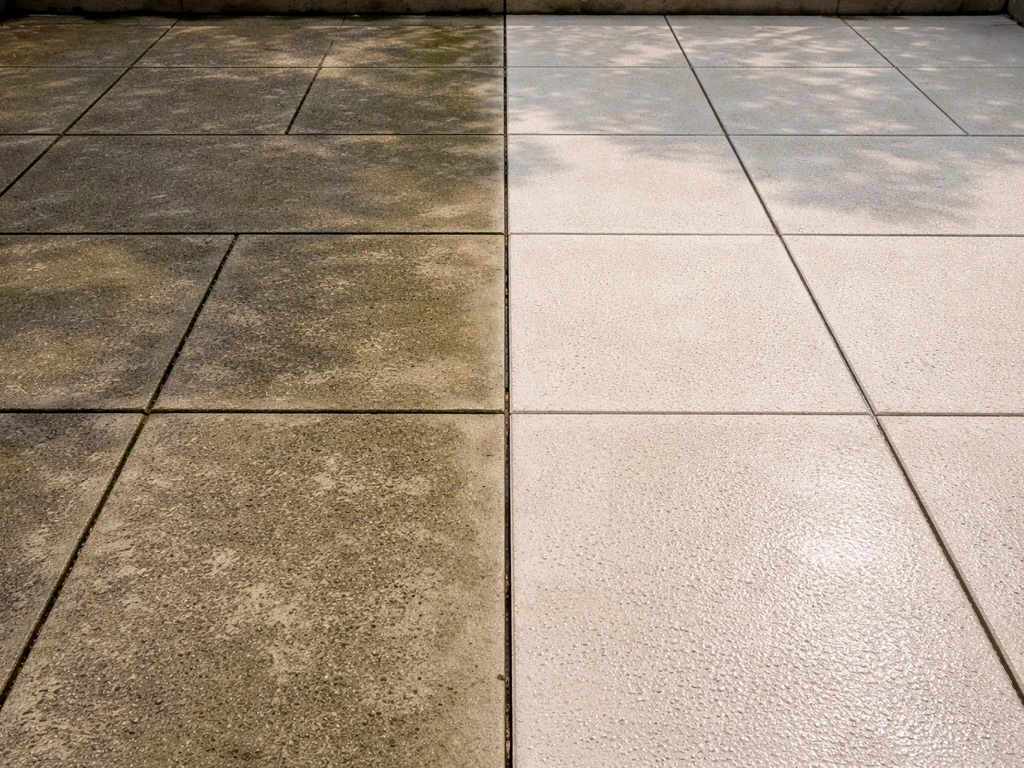 Patio after power washing: algae removed and stains lifted, showing a clean vs. dirty half pattern.