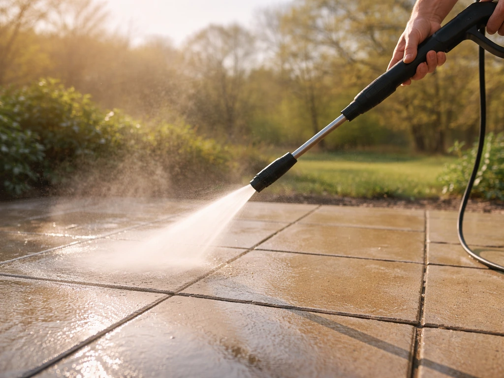 Pressure washer spraying a patio in spring morning light, fresh wet stone texture and soft garden edges.