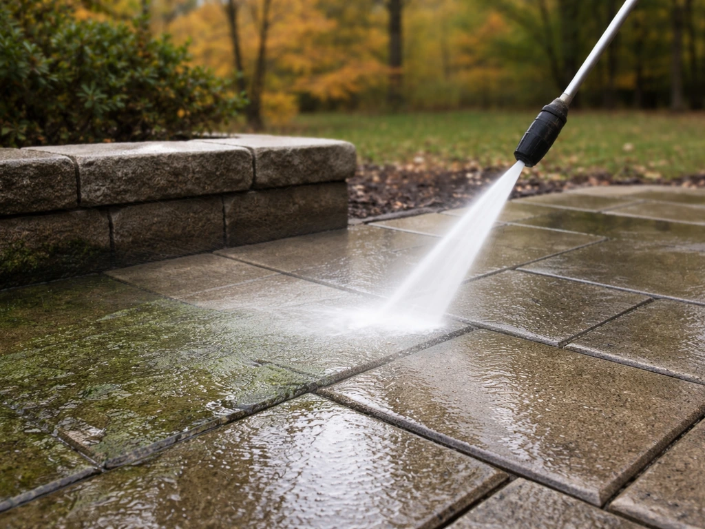 Early-fall patio with green algae staining being rinsed clean by a power washer, no people visible.