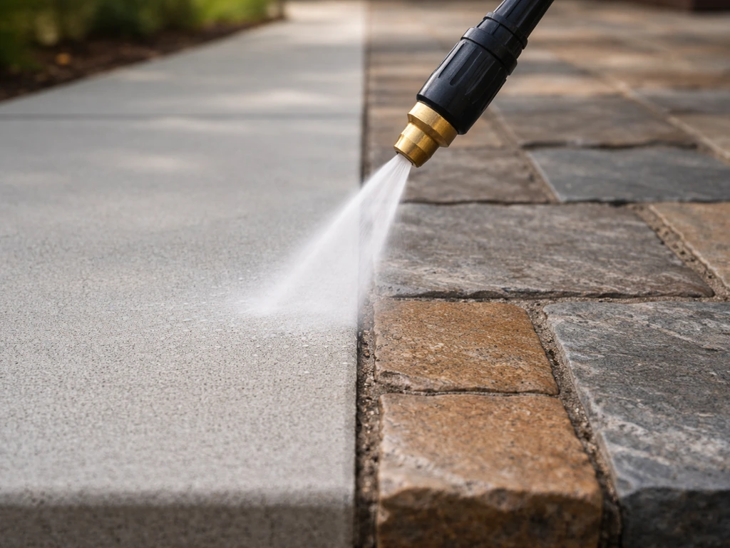 Close-up split view of sealed concrete and natural slate/brick with a washer nozzle spraying lightly above them.