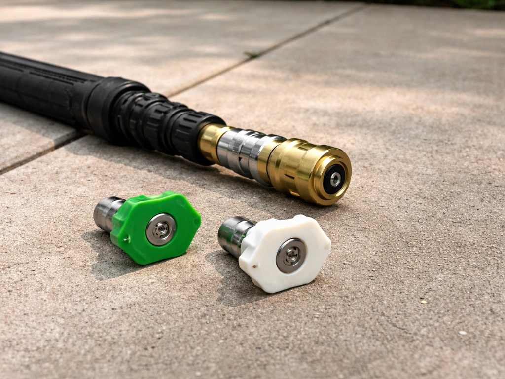 Close-up of a pressure washer wand with green 25° and white 40° fan nozzle tips on a patio.
