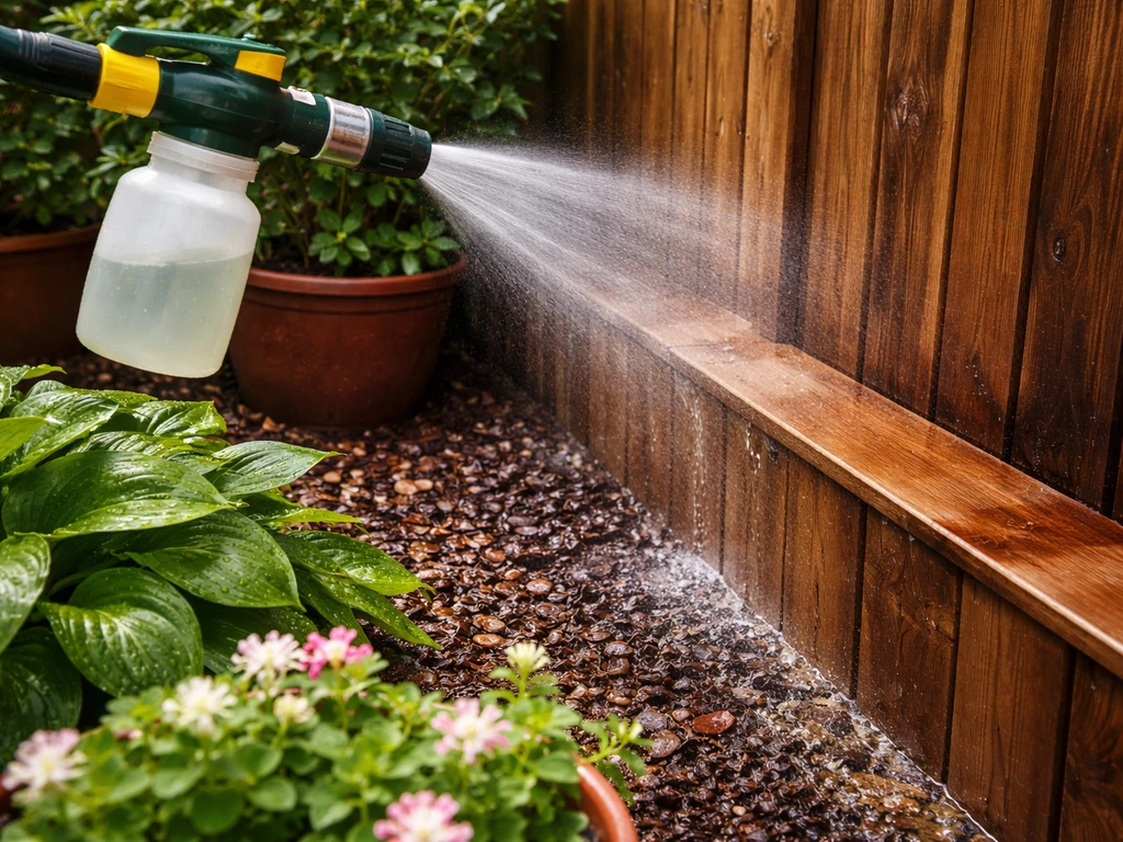 Hose-end sprayer applying an even mist to a fence/deck edge while nearby plants are already wet.