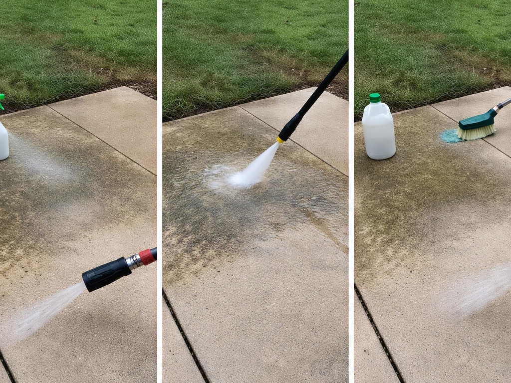 Three adjacent patio sections show spray-and-rinse, pressure washing, and chemical cleaner results on algae stains.
