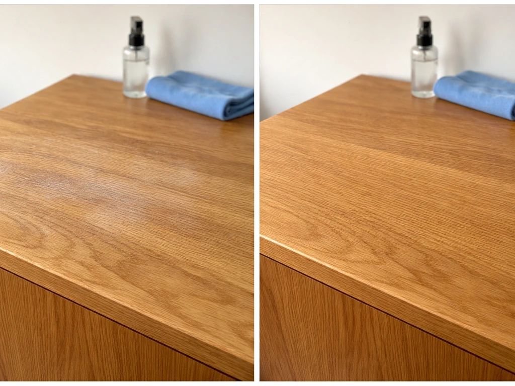 Split-frame photo sequence showing wood streaks after drying and improved even finish after re-spraying