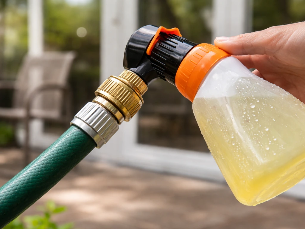 A hose-end concentrate bottle positioned on a garden hose setup for outdoor glass and patio cleaning.