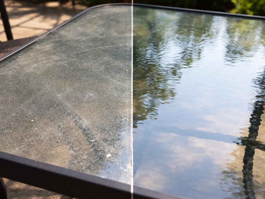 Close-up of outdoor patio glass showing dusty smudges beside a freshly cleaned transparent section.