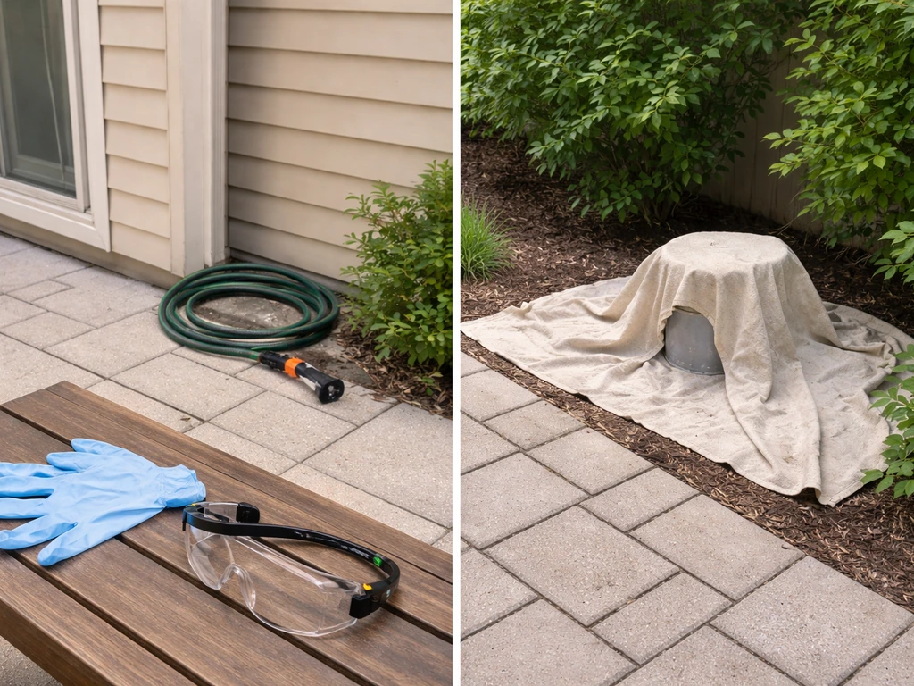 Minimal outdoor scene showing a protected spray area beside a caution zone with plastic and glass surfaces