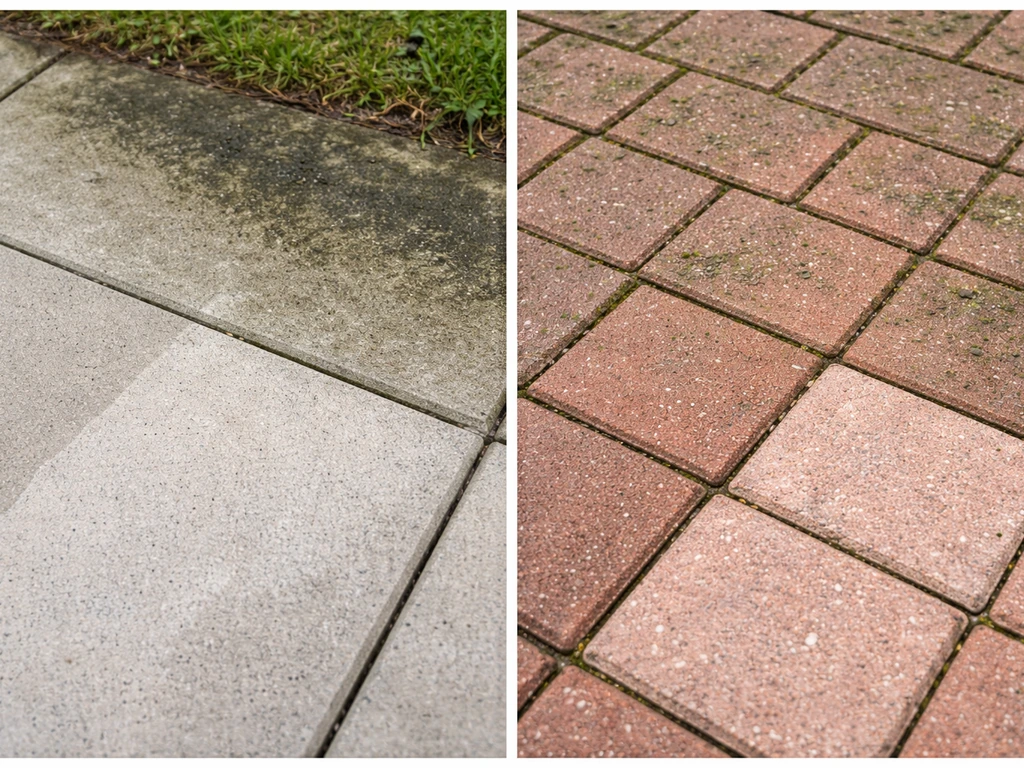 Side-by-side photos of stained concrete and brick patios with small cleaned areas showing safer results.