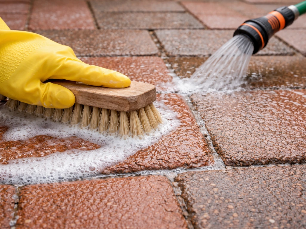 Close-up of a brick patio being cleaned with oxygen-bleach solution and a brush, with a rinse setup.