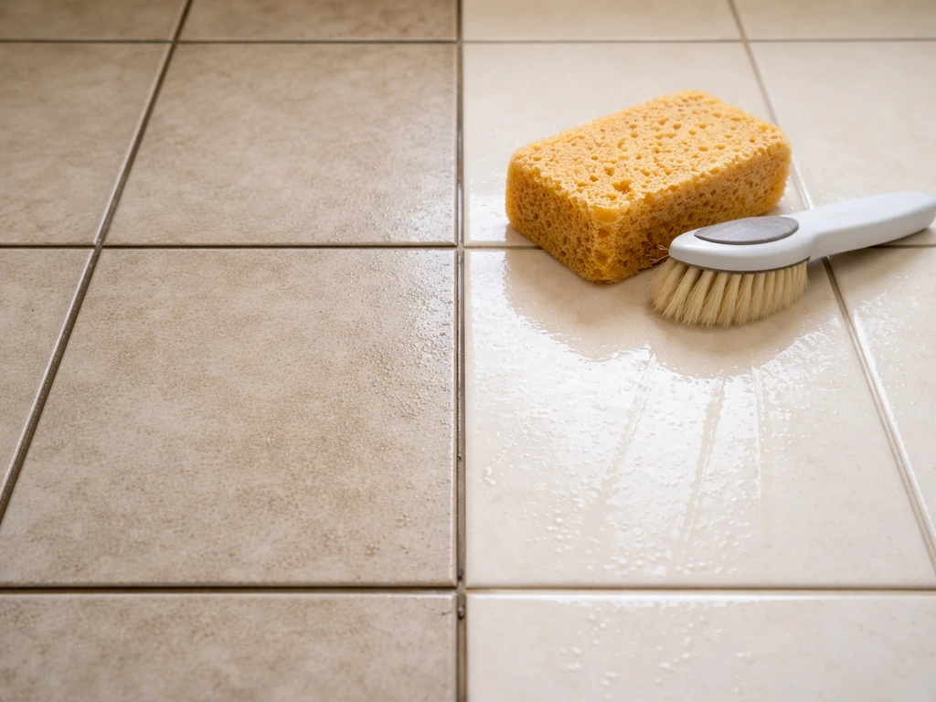 Porcelain tile cleaned: dirty grout line on left, bright tiles on right with sponge and soft brush.
