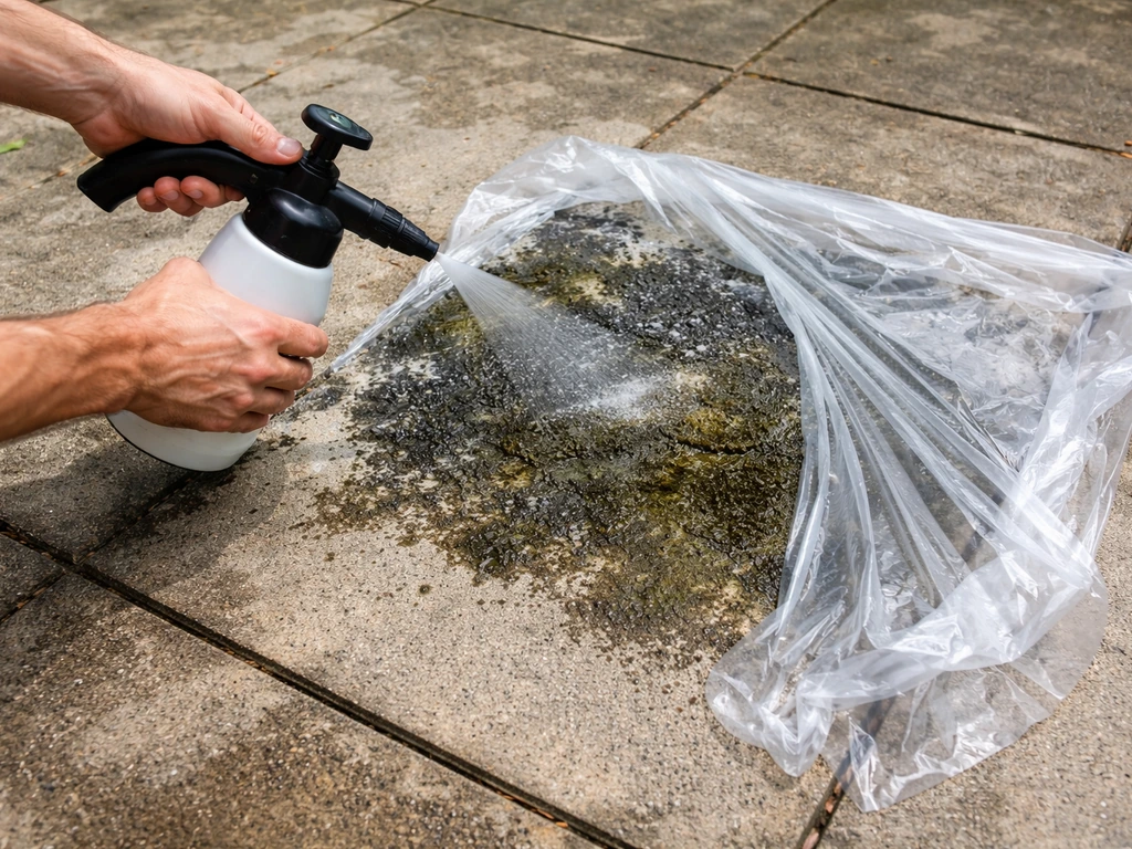Hands applying chlorine cleaner to dark patio mold patches under a brief plastic cover