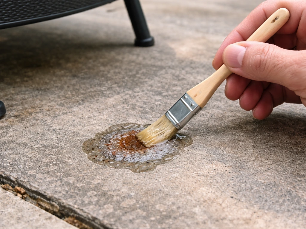 Hand using a small brush to apply rust remover to a rust stain on patio concrete near metal furniture.