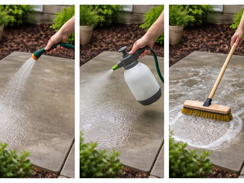 Minimal patio cleaning scene: garden hose pre-rinse, pump-sprayer cleaner, and gentle scrub with deck brush.