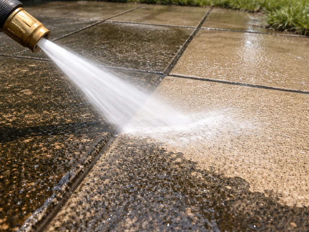 Close-up of a pressure washer blasting grime and algae off a concrete patio surface.