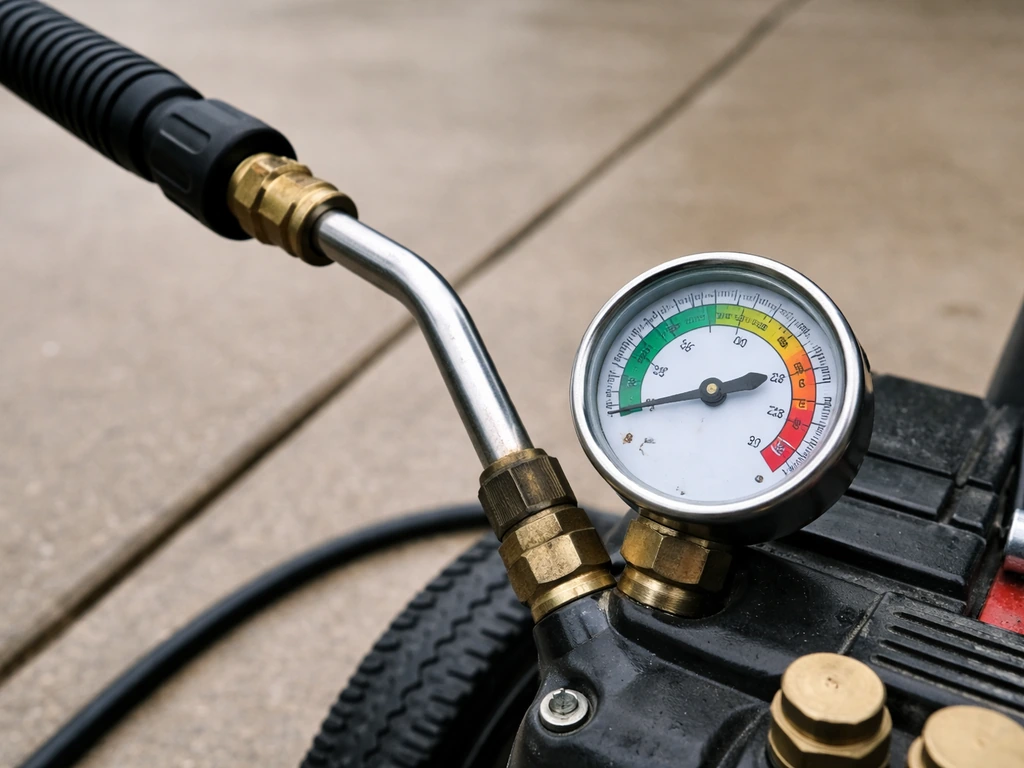 Close-up of a pressure washer wand and analog gauge near 1500–1800 PSI on a patio