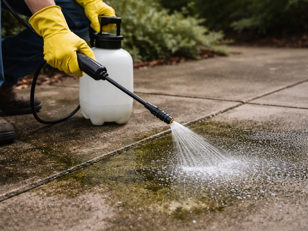 Low-pressure sprayer applying cleaner to a stained, mossy patio surface before jet washing.