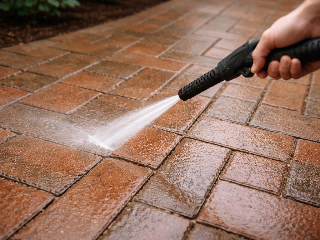 Handheld pressure washer angled to clean brick mortar joints, water spraying between wet bricks.