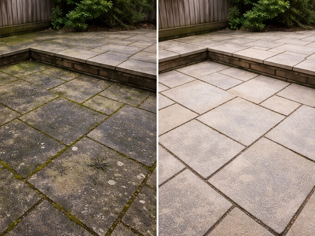 Before-and-after patio pavers showing moss/algae stains reduced after a cleaner works.