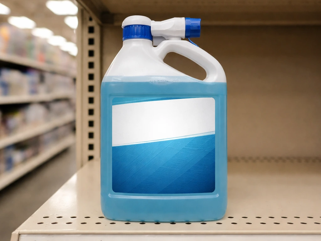 Close-up of a wet outdoor patio cleaner bottle on a store shelf at a major retailer, size label visible.