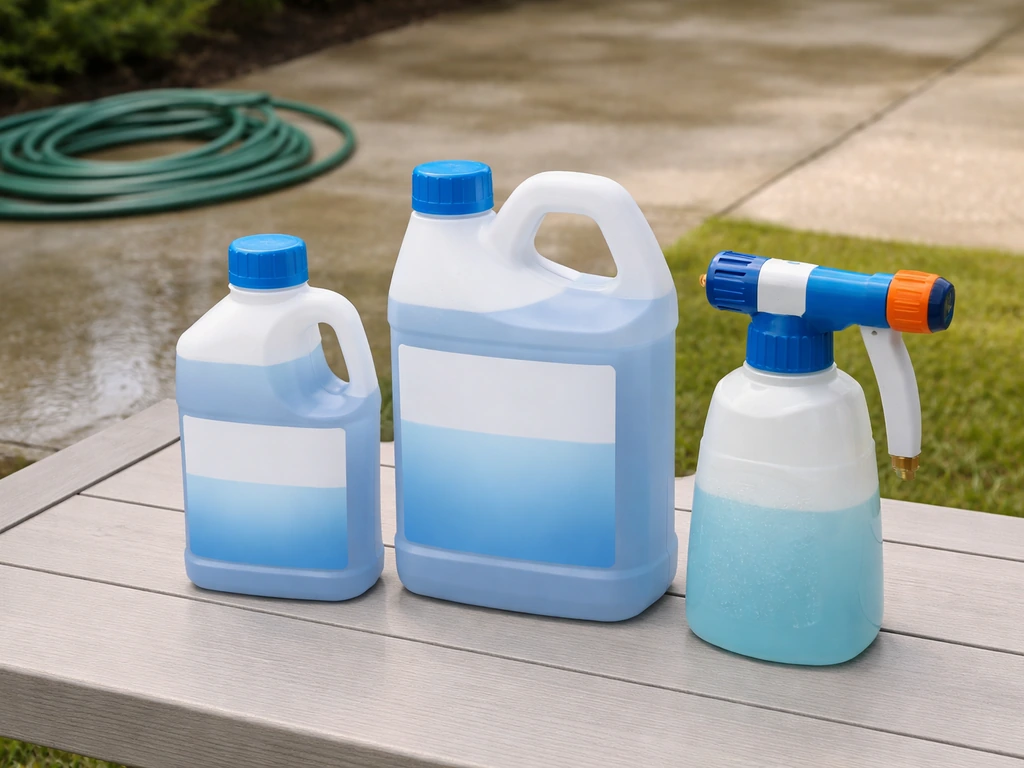 Concentrate bottles and a Wet & Forget hose-end sprayer side by side on a patio cleaning table