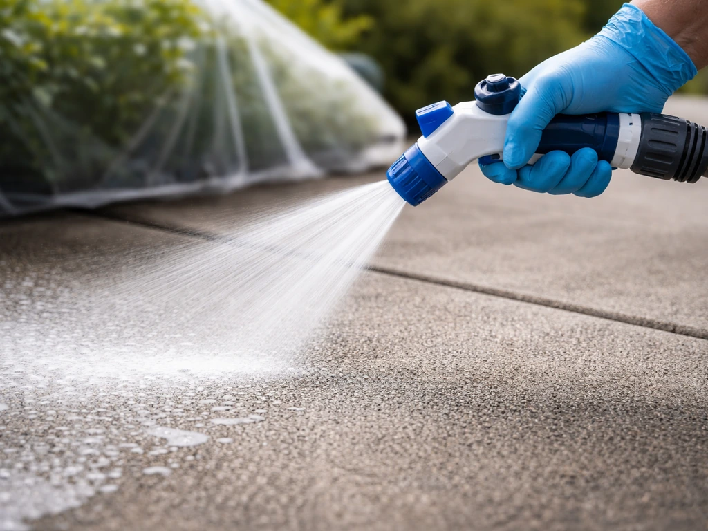 Gloved hand spraying Wet & Forget onto a dry patio, with plants protected nearby.