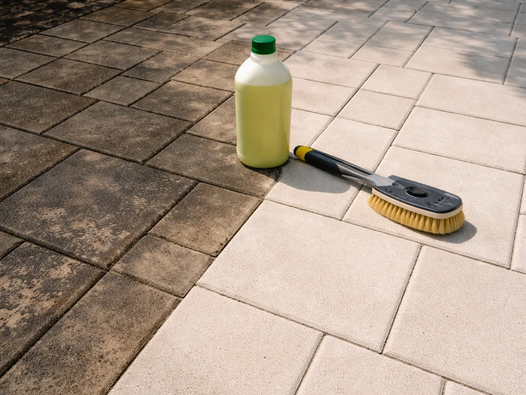 Sunlit patio with freshly cleaned concrete pavers beside a bottle of outdoor patio cleaner and a soft brush
