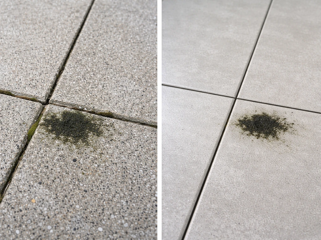 Side-by-side close-up of stained porous concrete and smooth porcelain tiles for surface-safe cleaning choice.