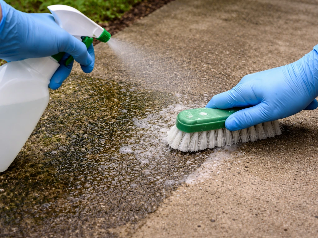 Gloved hands spraying biocide and scrubbing a concrete patio as algae lifts off the surface.
