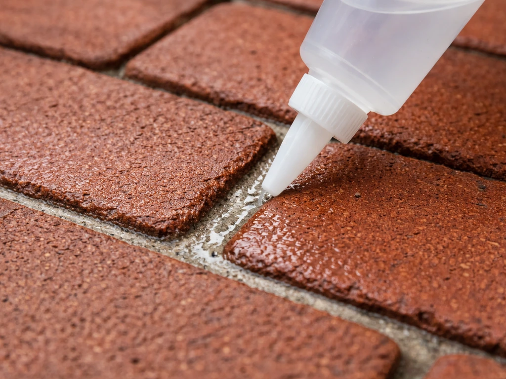 Close-up of brick paving with bleach cleaner applied along mortar joints, showing vulnerable grout line