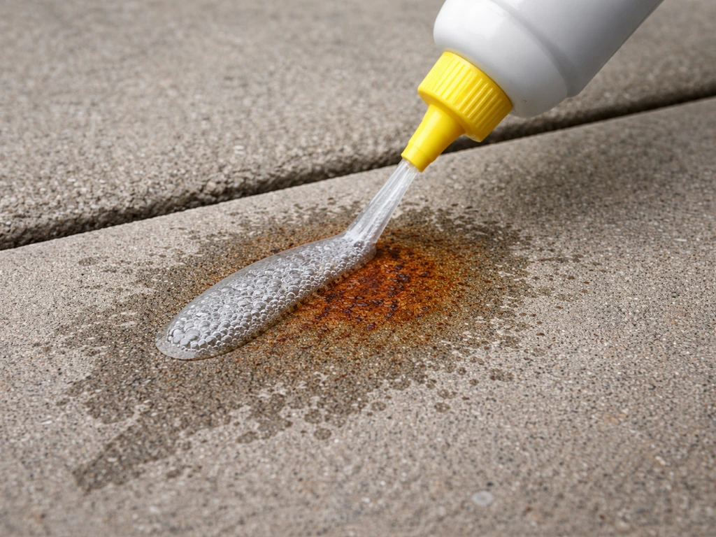 Close-up of oxalic-acid rust cleaner applied to a rust spot on a concrete patio, with surrounding surface intact.