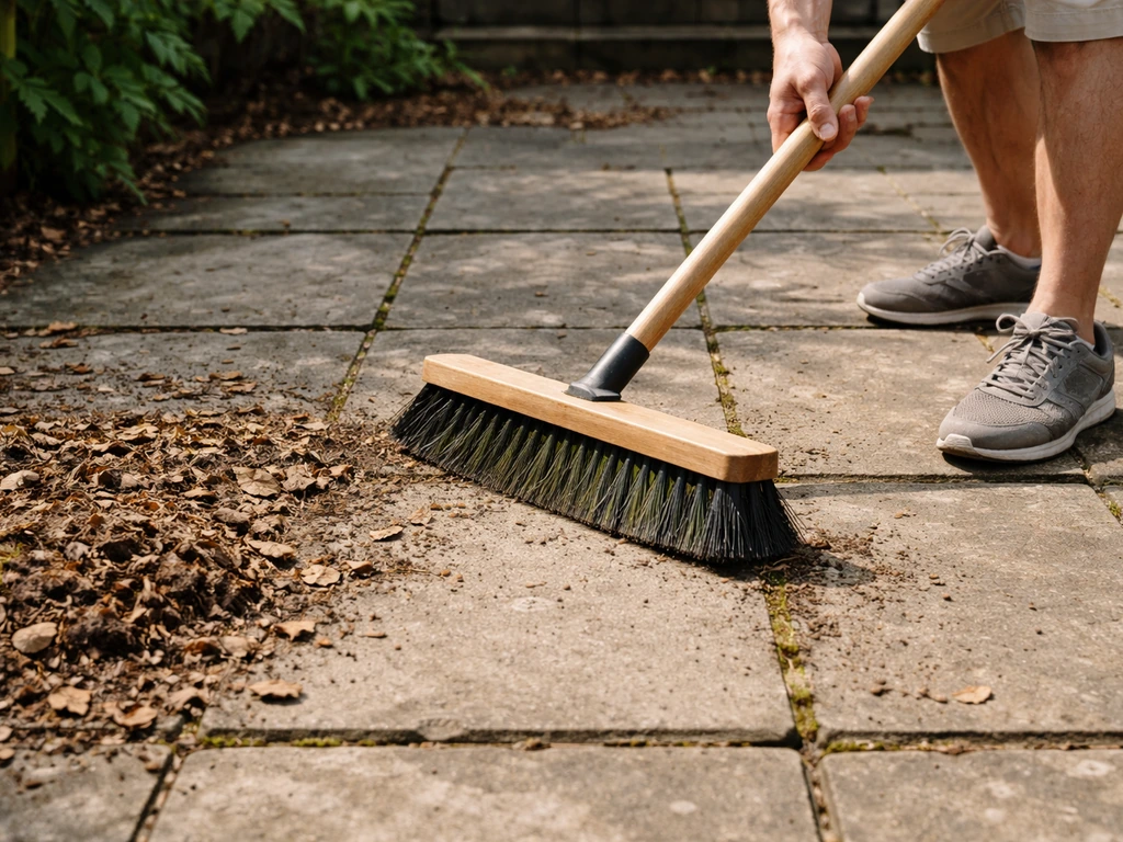Hands sweeping loose leaves, dirt, and dry moss from between patio stones before applying cleaner.