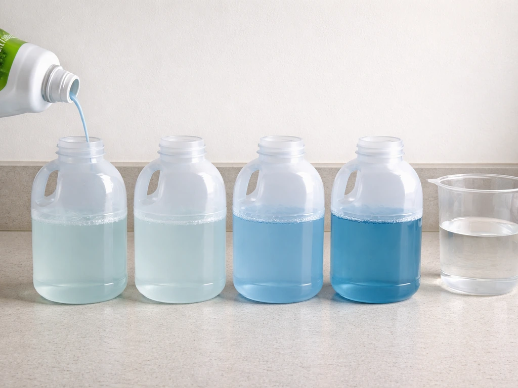 Three clear jugs with different pale-blue cleaning dilution strengths on a countertop, with a generic bottle nearby.