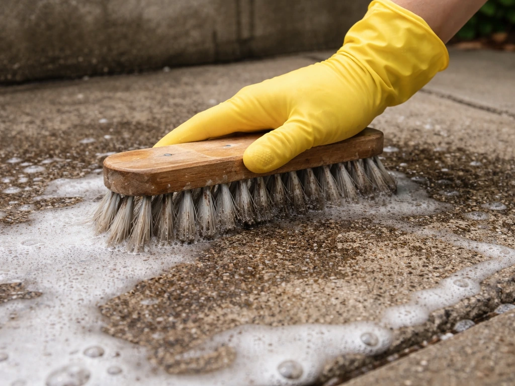 Person scrubbing stained concrete with a stiff-bristled brush right after cleaner dwell time