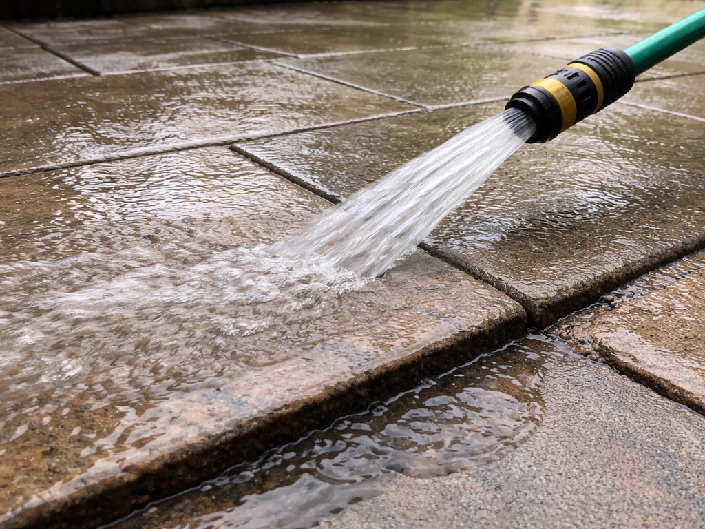 Hose rinsing a clean outdoor surface after chemical cleaning, showing controlled water runoff