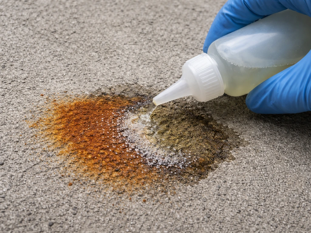 Close-up of a rust-stained concrete patch with an acid-based remover being applied to lift the stain